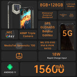 Oukitel WP15 5G Rugged Mobile phone 8GB RAM 128GB ROM 6.51" big screen 15600mah big battery NFC GPS cellphone